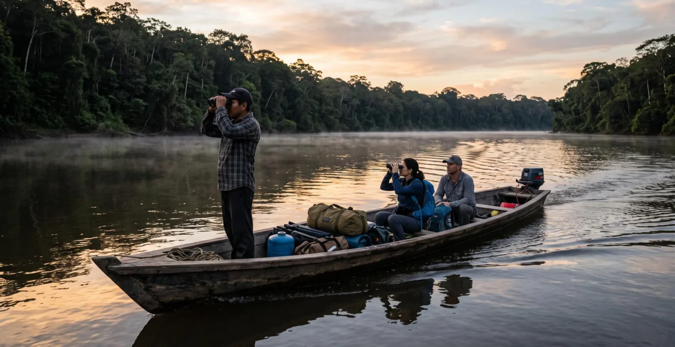 Une embarcation en bois navigue au petit matin sur un large fleuve amazonien bordé de forêt dense, avec un guide à la proue et deux voyageurs équipés de jumelles.