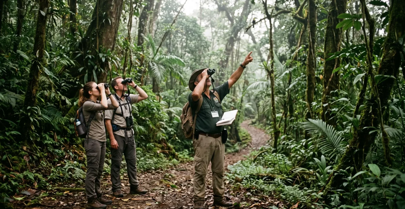 Un guide naturaliste et deux voyageurs observent la canopée avec des jumelles depuis un sentier d'une réserve protégée.