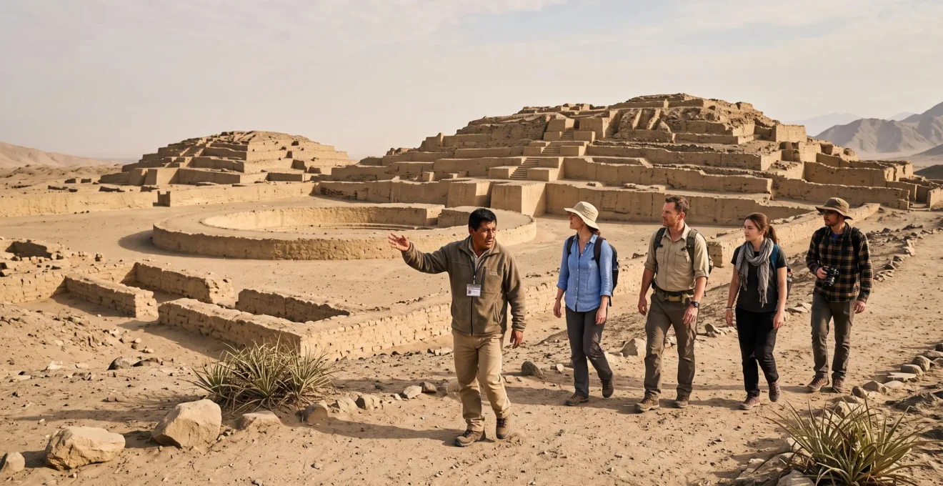 Un guide péruvien accompagne un petit groupe de voyageurs devant des pyramides anciennes dans le désert côtier du Pérou.