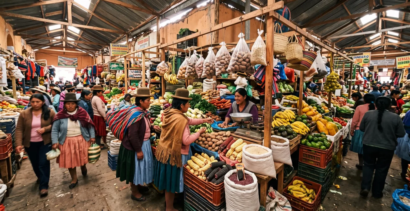 Marché alimentaire andin animé à Cusco avec des habitants achetant des produits frais à des vendeuses locales.