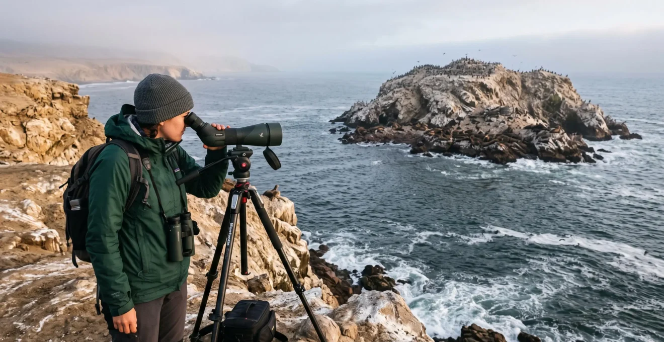 Un observateur regarde à la longue vue depuis une falaise côtière du Pérou une colonie d'oiseaux marins et d'otaries sur un îlot lointain.