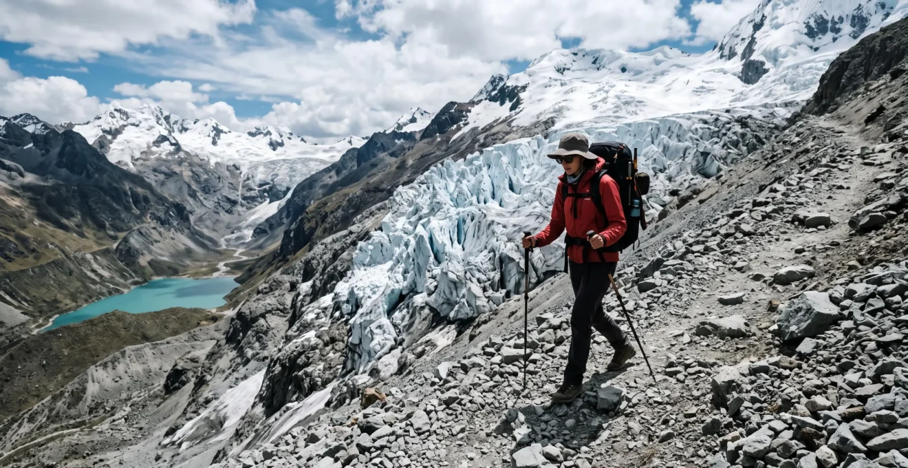 Un randonneur avec un sac de trekking et deux bâtons gravit une moraine caillouteuse devant un glacier des Andes péruviennes.