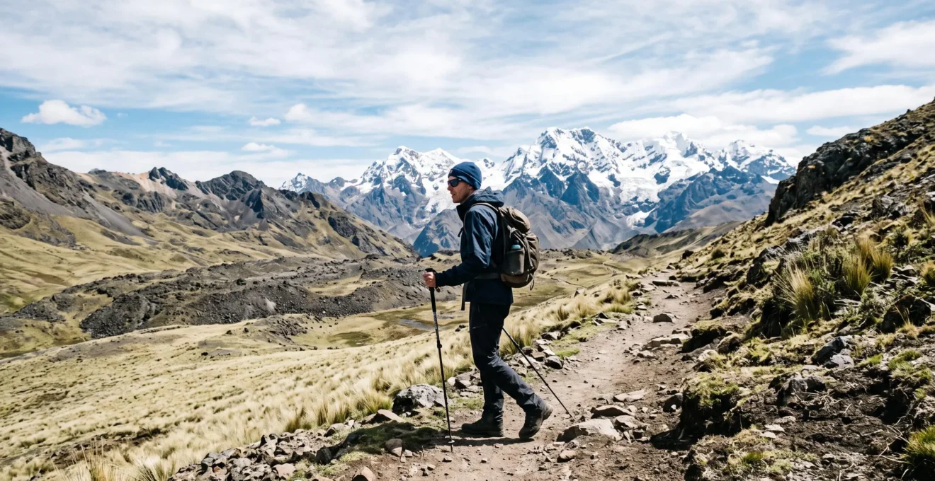 Un randonneur marche sur un sentier andin en haute altitude avec des bâtons de trekking, entouré de paysage montagneux et de sommets enneigés au loin.