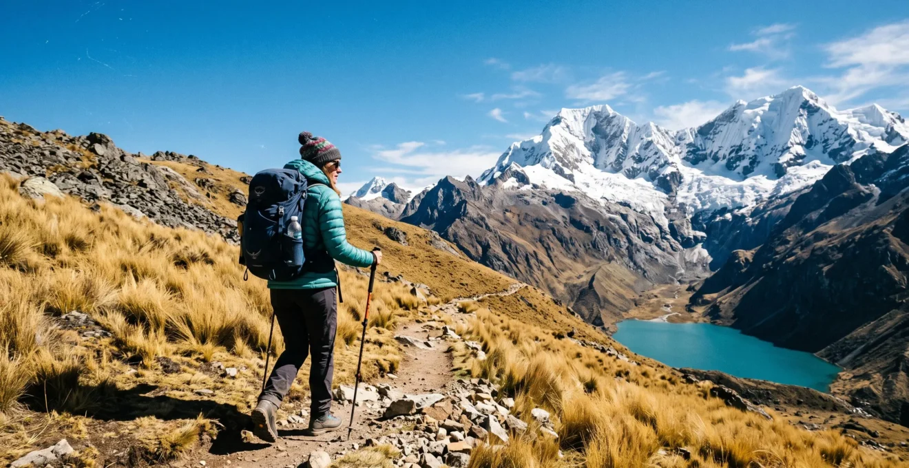 Un randonneur avec sac à dos et bâtons marche sur un sentier d'altitude de la Cordillère Blanche devant des sommets enneigés et un lac glaciaire.