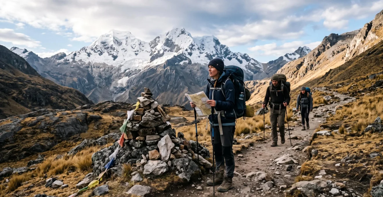 Trois randonneurs avec sacs à dos marchent en file sur un sentier de haute altitude dans les Andes, le premier consultant un itinéraire sur papier près d'un cairn de pierres.