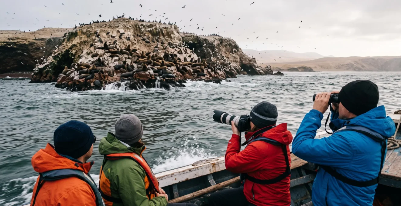 Des voyageurs en bateau observent une colonie d'otaries et d'oiseaux marins sur un îlot au large de Paracas, au Pérou.