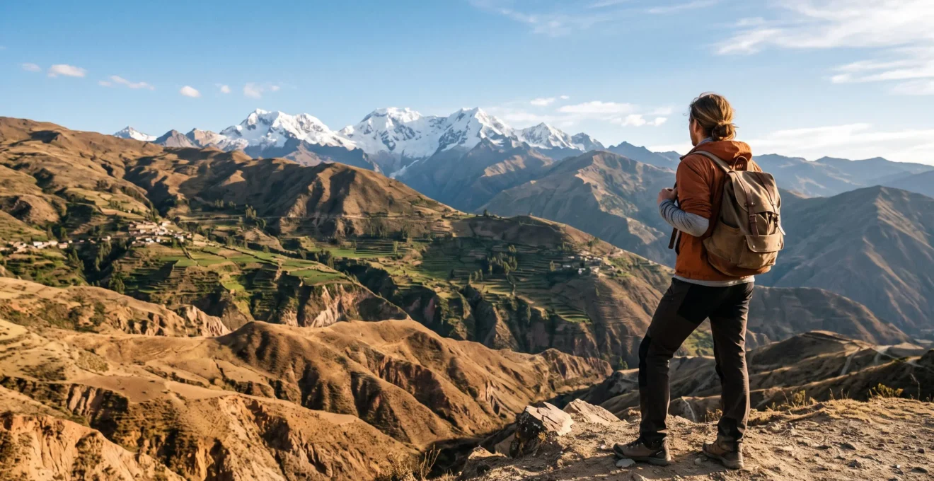 Un voyageur en tenue de randonnée observe depuis un col andin un paysage du Pérou où se succèdent vallée désertique, terrasses cultivées et sommets enneigés.