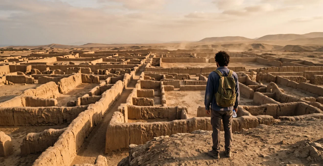 Un voyageur observe depuis un point de vue élevé l'étendue des ruines en adobe d'une ancienne cité péruvienne sous une lumière de fin d'après-midi.