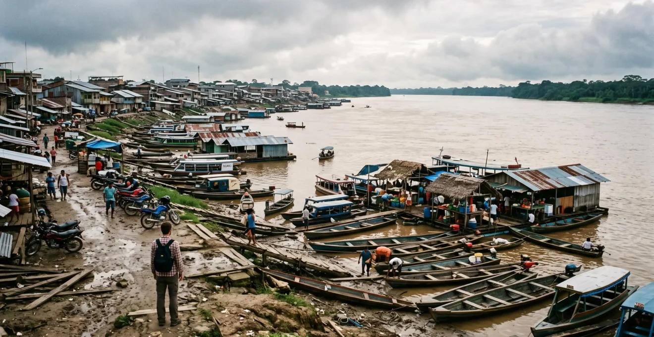 Vue large du front de fleuve d'Iquitos avec des bateaux amarrés le long du quai en terre et des bâtiments de la ville sous un ciel tropical.